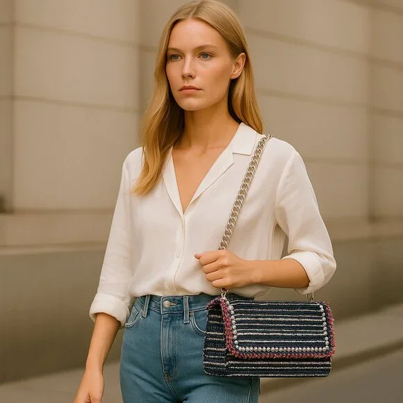 Zara Pearl Shoulder Bag Zara Tweed Pearl Chain Flap Crossbody